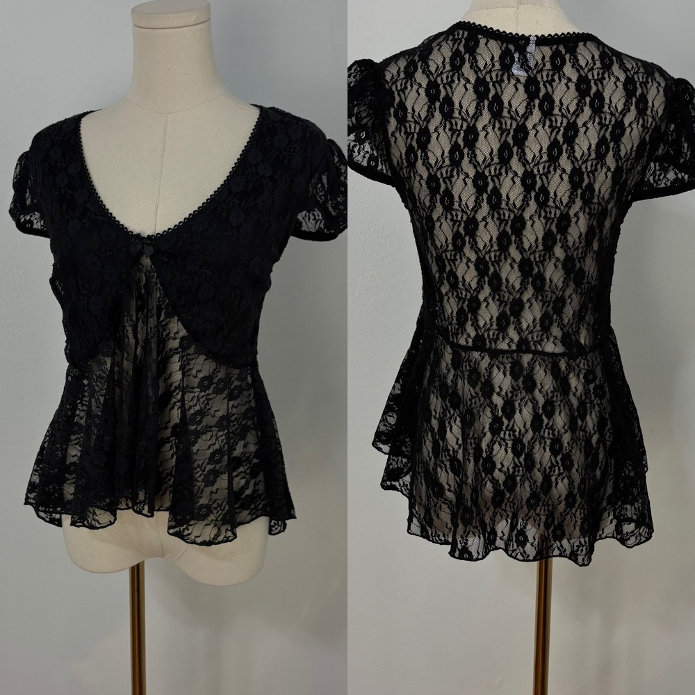 Unbranded Lace Babydoll Top WhimsiGoth Coquette Black Sheer Ethereal Women L